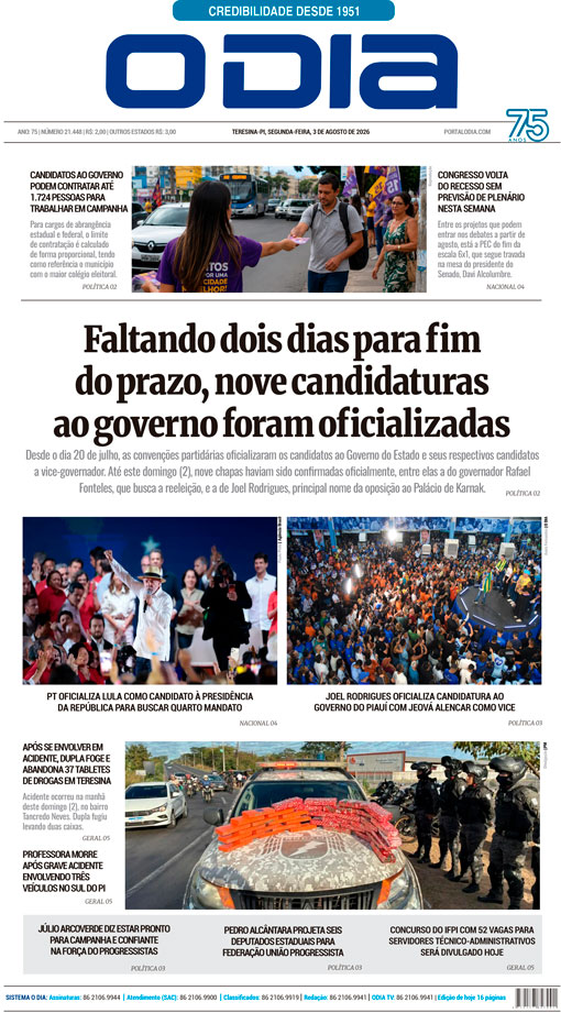 Jornal O Dia - Segunda-feira, 3 de agosto de 2026